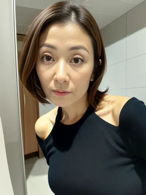 Solo.Selfie of a woman with a smartphone. Hands extended forward and out of frame..Standing in front of the bathroom .((Best Quality:1.0)), (Photorealistic:1.3),(Raw photo),(Solo),Sharp Focus,finely detailed,High Quality, High Definition,japanese, 1 Middle...