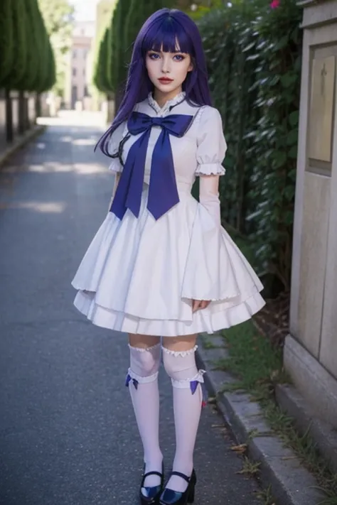 (masterpiece, best quality), 1girl, frederica bernkastel, purple eyes, purple hair, long hair, purple bow, dress, frills, white kneehighs,  kneehighs bow, mary janes, amazingly beautiful girl, 32k RAW photography, professional photoshoot, 