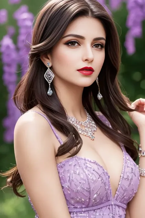 Lebanese woman, diamond dangling earrings, necklace, bracelets, small breasts, 40 years old, smokey eyes, cleavages, red lips, innocent face, lavender fashion ball gown, stylish hairstyle, posing, modeling, nature background