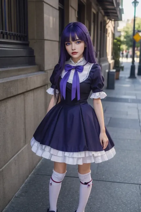 (masterpiece, best quality), 1girl, frederica bernkastel, purple eyes, purple hair, long hair, purple bow, dress, frills, white kneehighs,  kneehighs bow, mary janes, amazingly beautiful girl, 32k RAW photography, professional photoshoot, 