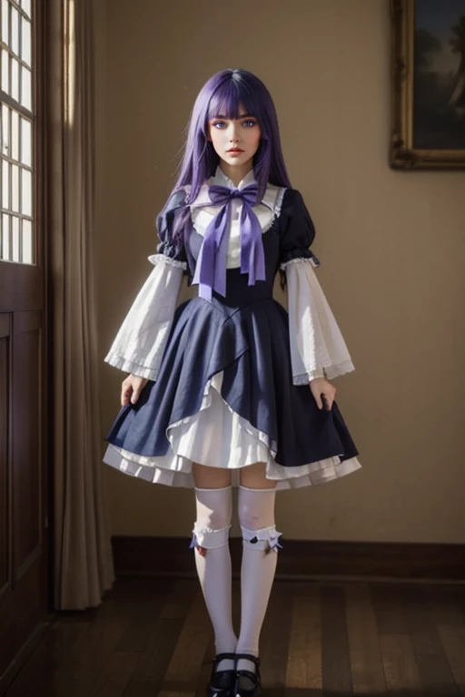 (masterpiece, best quality), 1girl, frederica bernkastel, purple eyes, purple hair, long hair, purple bow, dress, frills, white kneehighs,  kneehighs bow, mary janes, amazingly beautiful girl, 32k RAW photography, professional photoshoot, 