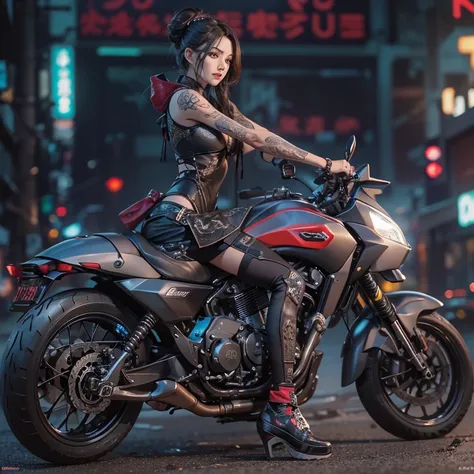 Ride a futuristic Akira bike、Hair flows、 ((highest quality、masterpiece、8k、best image quality、ultra high resolution、Award-winning work)、(accurate anatomy:1.1)、(look at me and smile:1.1)、Shining fair skin with ultra high resolution、most detailed face、ultra h...