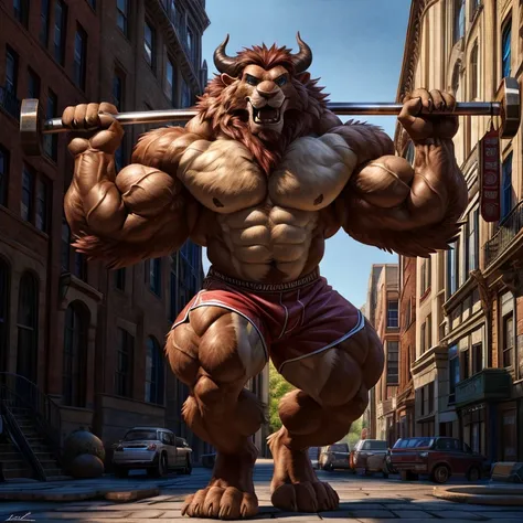 A photorealistic image of the Beast from the movie Beauty and the Beast, super muscular giant, with muscular arms, broad shoulders, giant and toned physique, bursting muscular veins, blue eyes, tail, super furry brown fur, backward facing horns, with veins...