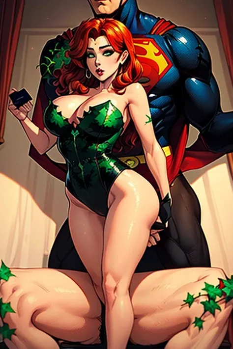 (((Poison Ivy))), (((Superman))), High quality, best quality, masterpiece, (1boy1 1girl), (hetero:1.5), mature woman, curves, long wavy redhead hair, green eyes. cleavage. (((woman wearing strapless black leotard))), woman with ahegao face