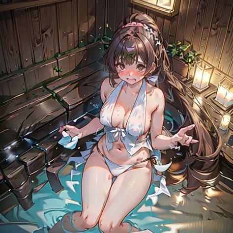 Swimwear, bikini, Fire emblem,  Linda, Brown Hair, ponytail, Watery eye, Punishment, Crying face, scream, I am in agony, Desperately struggling, whole body, shame, Taking a bath，Bathtub，hot water bath，steam, whole bodyが水槽の中, Bright red skin, Withstands the...