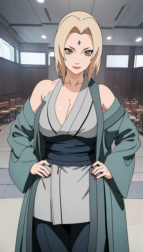 (masterpiece, highest quality:1.2), alone, one girl, tsunade defense, forehead mark, smile, view your audience, hands on hips,ns...