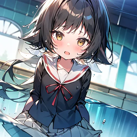 1 girl、mashiromitsumine, mashiro mitsumine, (Brown eyes:1.5), Brown Hair, ponytail, (Flat Chest:1.2), break grey skirt, (Moe sleeves)、Long sleeve, neck ribbon, (red ribbon), ribbon, Sailor collar, skirt, white Sailor collar, (Blue Shirt:1.5), break looking...