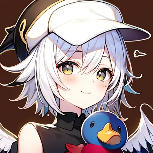 boy with white hair and black hat wearing duck, [[[[Smile]]]],