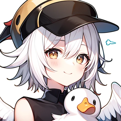 boy with white hair and black hat wearing duck, [[[[Smile]]]],