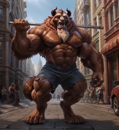 A photorealistic image of the Beast from the movie Beauty and the Beast, super muscular giant, with muscular arms, broad shoulders, giant and toned physique, bursting muscular veins, blue eyes, tail, super furry brown fur, backward facing horns, with veins...