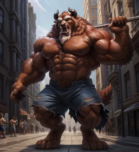 a photorealistic image of the beast from the movie beauty and the beast, super muscular giant, with muscular arms, broad shoulde...