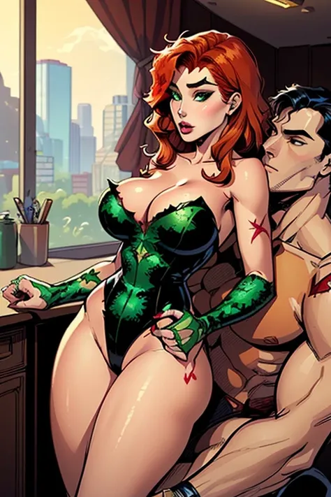 (((Poison Ivy))), (((Superman))), High quality, best quality, masterpiece, (1boy1 1girl), (hetero:1.5), mature woman, curves, long wavy redhead hair, green eyes. cleavage. (((woman wearing strapless black leotard))), woman with ahegao face