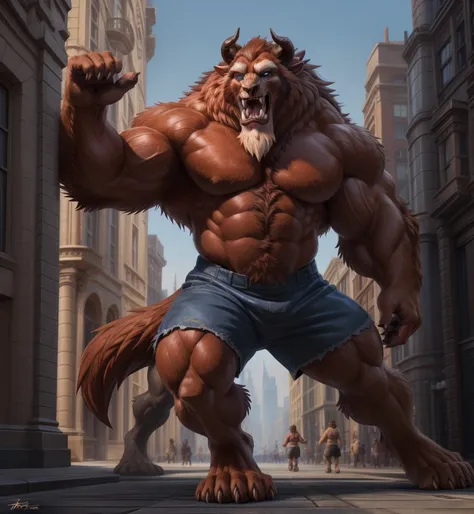 A photorealistic image of the Beast from the movie Beauty and the Beast, super muscular giant, with muscular arms, broad shoulders, giant and toned physique, bursting muscular veins, blue eyes, tail, super furry brown fur, backward facing horns, with veins...