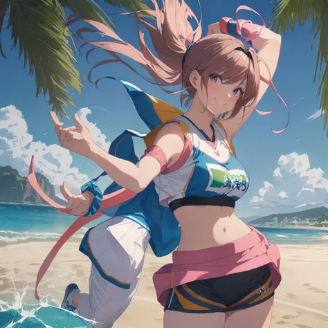 imagined a girl in extreme sport outfit playing to a flying disc game in a beach arena game sport, masterpiece, ultra-detailed, 80s anime (style), 2D, megapixel, perfectionism, full HD , 4K, (windjammers), windjammers sport game, windjammers 2 (((((solo ma...