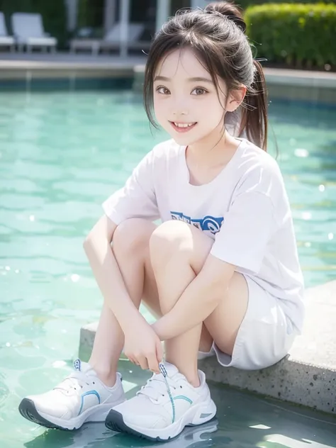 a man wearing shorts，wear waterproof smooth sneakers，smiling little girl in t-shirt，white wind