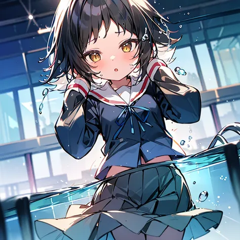 1 girl、mashiromitsumine, mashiro mitsumine, (Brown eyes:1.5), Brown Hair, ponytail, (Flat Chest:1.2), break grey skirt, (Moe sleeves)、Long sleeve, neck ribbon, (red ribbon), ribbon, Sailor collar, skirt, white Sailor collar, (Blue Shirt:1.5), break looking...