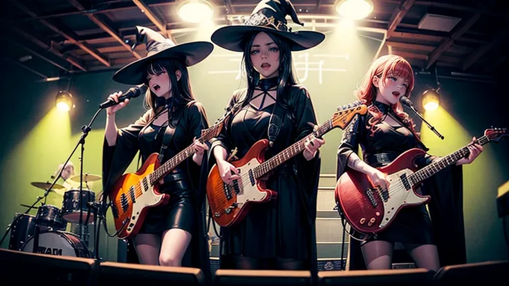 a three-woman metal band dressed in witch costumes、arrived in japan and held a mass at a live venue、neck slashing pose、the inten...