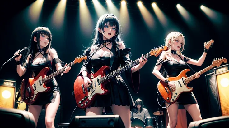 a three-woman metal band dressed in witch costumes、arrived in japan and held a mass at a live venue、neck slashing pose、the inten...