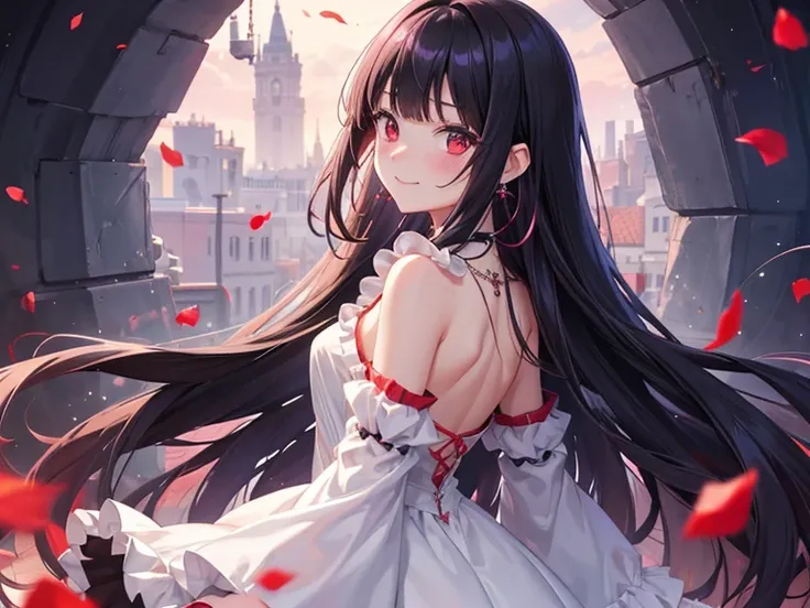 rating:safe, red_eyes, long_hair, 1girl, looking_at_viewer, black_hair, bangs, dress, smile, blush, bare_shoulders, upper_body, white_dress, light_smile, flower, frills, jewelry, solo, closed_mouth, looking_back, earrings, sleeveless, blunt_bangs, multiple...