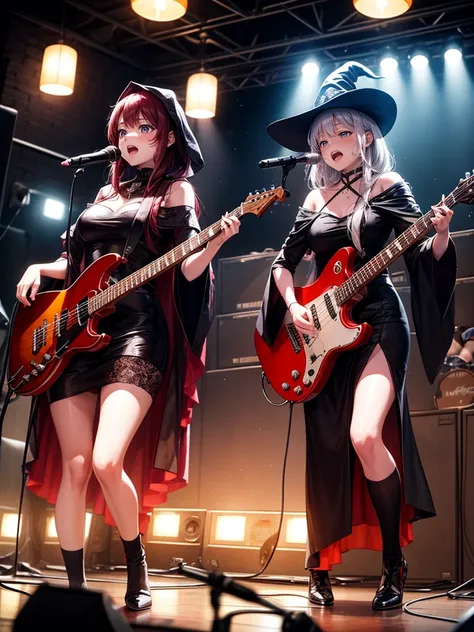 a three-woman metal band dressed in witch costumes、arrived in japan and held a mass at a live venue、neck slashing pose、the inten...