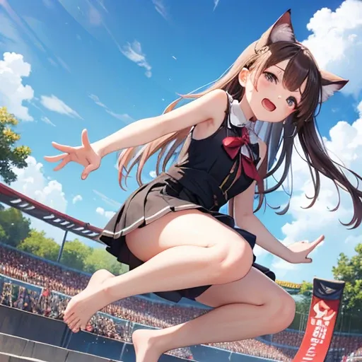 masterpiece, highest quality, High resolution, aamikoto, Long Hair, Exposing shoulders, Landmine fashion、Short skirt,Jumping,  Outdoor，barefoot，Looking up，Embarrassed face，Sweating，Eyes on my nose，Looking at the audience，It is twitching slightly，Mouth open...