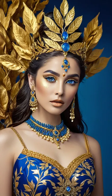 the image showcases a striking blend of nature and luxury, embodied in the form of a woman adorned with gold. her attire is a ha...