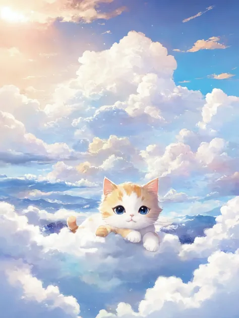 there is a cute cat in the middle of the cloud，cute