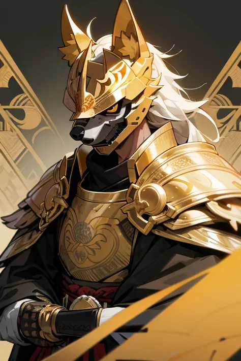 Wolf Head、The head is fitted with golden armor.、Wolf Samurai、Complex Pattern、whole body、masterpiece、