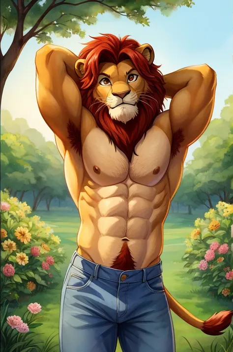 simba, a furry lion, furry, shirtless, muscular, male, masculine, red hair, yellowish fur, brown eyes, hands back behind head, red hairy armpits, lion tail, cartoony, illustration, sharp focus, soft colors, medium length hair, two blogs haircut, younger gu...