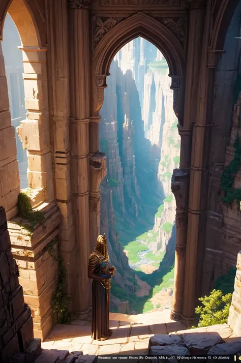 There is a huge wooden statue in the middle of the narrow canyon, Unreal Engine 5 Rendering, Inspired by Ras Akyem, giant gold head statue ruins, Video Game Screenshots>, Music video screenshot, author：Thomas Crane, giant majestic archways, Inspired by fer...