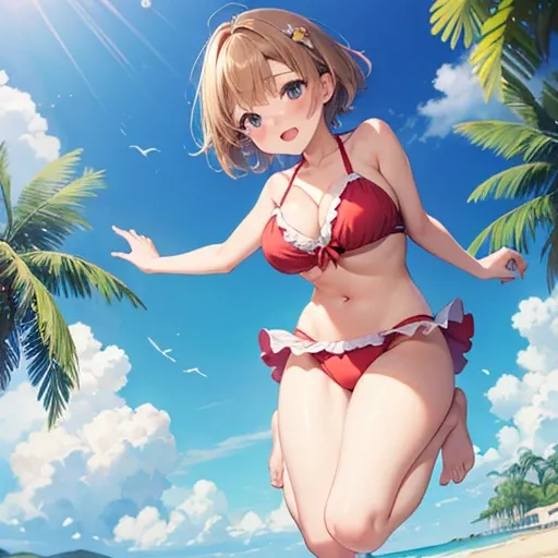 masterpiece, highest quality, High resolution, aamikoto, short hair， Exposing shoulders, Swimwear、Jumping,  Outdoor，barefoot，Looking up，Embarrassed face，Cat-like、Angle from below、Big Breasts