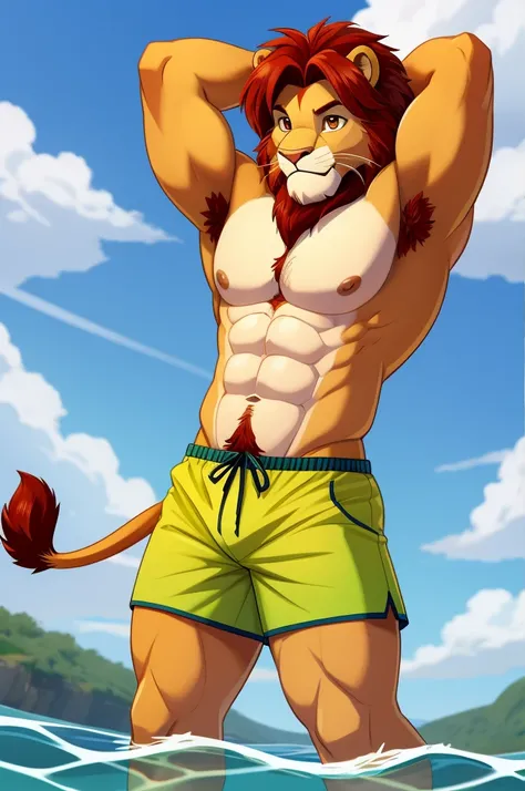 simba, a furry lion, furry, shirtless, muscular, male, masculine, red hair, yellowish fur, lion tail, brown eyes, hands up behind head, red hairy armpits, cartoony, illustration, sharp focus, soft colours, medium length hair, two blogs haircut, younger guy...