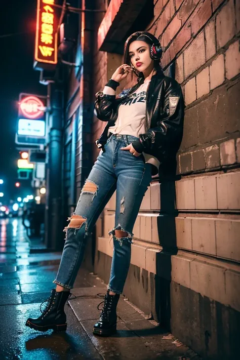 (film stock), (extremely detailed CG unity 8k wallpaper) full body portrait of a cyberpunk woman leaning on a wall in cyberpunk city street at night, (action scene), (wide angle), ((Night time)), city lights, ((neon cyberpunk city street:1.3)), (neon light...