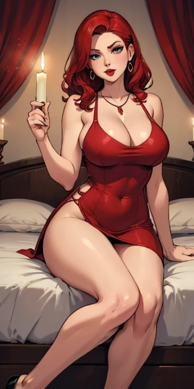 curvy, mature, red hair, lipstick, necklace, tight dress, cleavage, candle light, room, bed, legs open