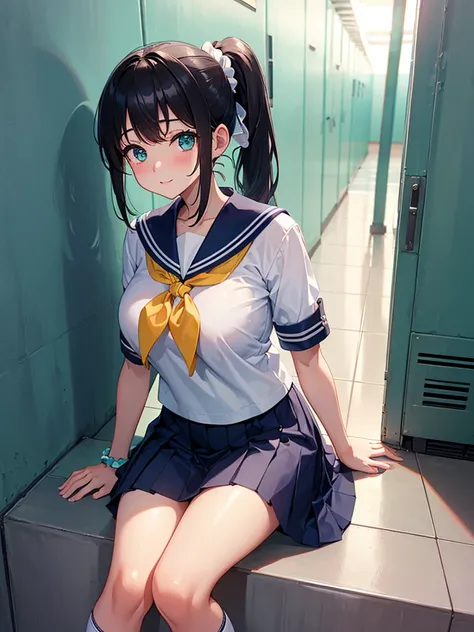 (masterpiece, best quality), 1girl, standing, leaning to the side, arm support, against wall, head tilt,

BREAK 5yo, (loli:1.5), black hair, (high ponytail, medium ponytail), curly hair, (aqua scrunchie:1.3), aqua eyes, (tareme:1.3), (huge breasts:1.2), ha...