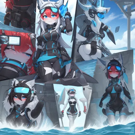 ((best quality, Masterpiece, perfect anatomy, Detailed pictures)), 1 female, arctic protogen, shark girl, Long visor, blue visor, blue eyes, sexy body, Big Pong, Bust 82, Waist 56, Thigh 83, Futuristic military black bikini clothing, Shark tail, The body i...