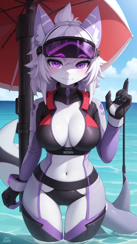 ((best quality, Masterpiece, perfect anatomy, Detailed pictures)), 1 female, arctic protogen, shark girl, Long visor, purple visor, purple eyes, sexy body, Big Pong, Bust 82, Waist 56, Thigh 83, Future military clothing, Shark tail, red red, shy, in the se...