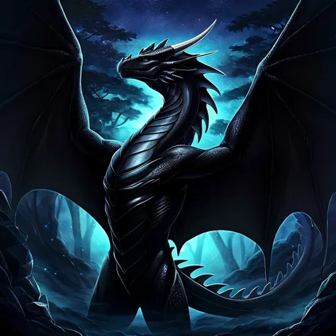 Ultra-detailed, a captivating full-size portrait showcases a black dragon with glossy, jet-black scales that seem to absorb the light. The dragons scaled body is adorned with intricate, polished ridges and mesmerizing, vertical pupils. A majestic pose with...