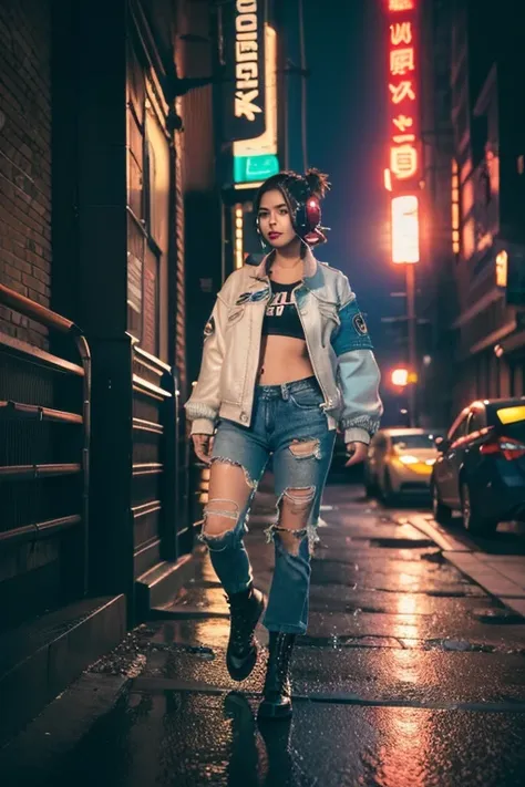 (film stock), (extremely detailed CG unity 8k wallpaper) full body portrait of a cyberpunk woman leaning on a wall in cyberpunk city street at night, (action scene), (wide angle), ((Night time)), city lights, ((neon cyberpunk city street:1.3)), (neon light...