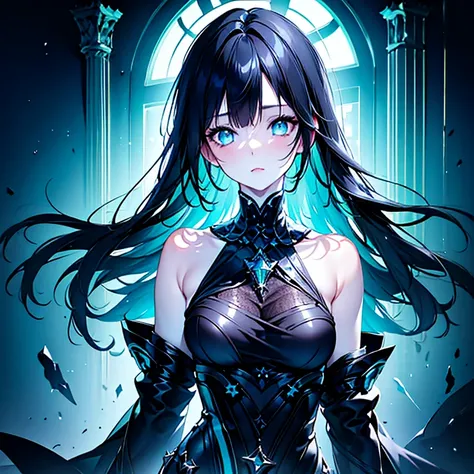 half body, wavy black hair, blue starry eyes, female, black lacy preist clothing, teal jewelry, high resolution, pale skin, with...