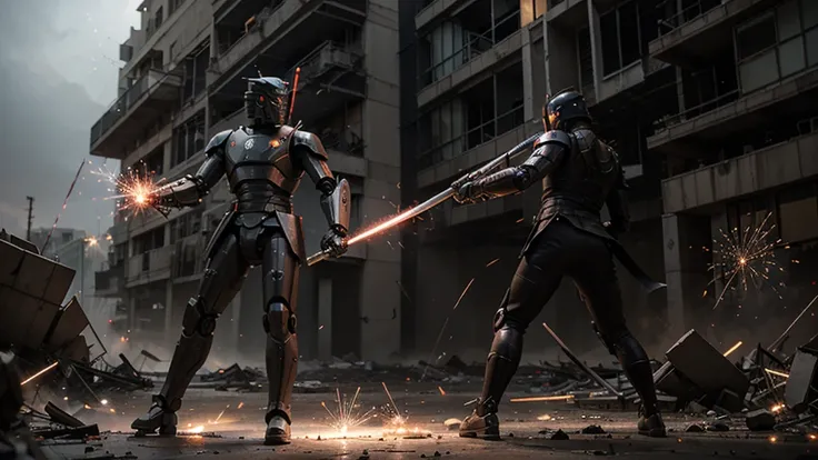 Good and evil robots are fighting with katanas and there are sparks in the middle of a devastated city 