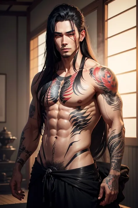 shirtless man, red eyes, long black hair, tattooed on the body, Japanese tattoo