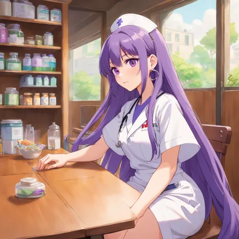 4k quality, ultra quality, very detailed, clear image, anime girl, very long purple hair, moving hair, purple eyes, prominent earrings, nurses outfit, skin-tight clothing, full breasts, thick thighs, hospital reception , sitting at the table, legs crossed