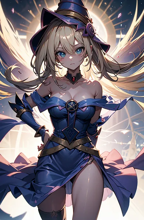 dark magician girl, duel monster, blush stickers, blonde hair, green eyes, long hair, breasts, blush, bangs, large breasts, hair between eyes, pentacle, pentagram, hat, dress, cleavage, bare shoulders, collarbone, choker, blue headwear, wizard hat, bracer,...