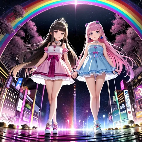 A colorful fantasy world,Two girls walking hand in hand,Rainbow Road,Iridescent tree々,A sparkling river flows,Unicorns running around,Fairies are flying,Ai Fukuhara,Pink Dress,I can see a little bit of her white panties under her skirt,Purple gradient long...