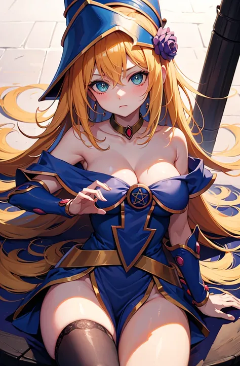 dark magician girl, duel monster, blush stickers, blonde hair, green eyes, long hair, breasts, blush, bangs, large breasts, hair between eyes, pentacle, pentagram, hat, dress, cleavage, bare shoulders, collarbone, choker, blue headwear, wizard hat, bracer,...