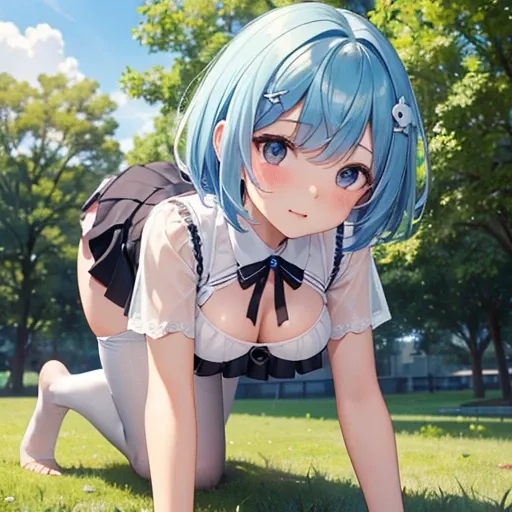 masterpiece, highest quality, High resolution,  short hair， Short skirt、Drooping eyes，Outdoor，barefoot，Looking up，Embarrassed face，Angle from below、Big Breasts，Spread your legaid clothes、White underwear、See-through、Blue Hair、Black ami tights、On all fours、C...