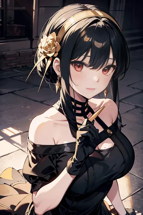 yor briar, anime style beutiful woman, 1girl, happy, sexy pause,(with sparkling eyes and a contagious smile:0.9),red face, closed mouth, beautiful detailed eyes, super detailed skin, backlighting, bare shoulders, black background, black dress, black gloves...