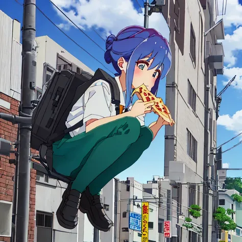 Kanoko Mamiya climbs a utility pole and eats pizza