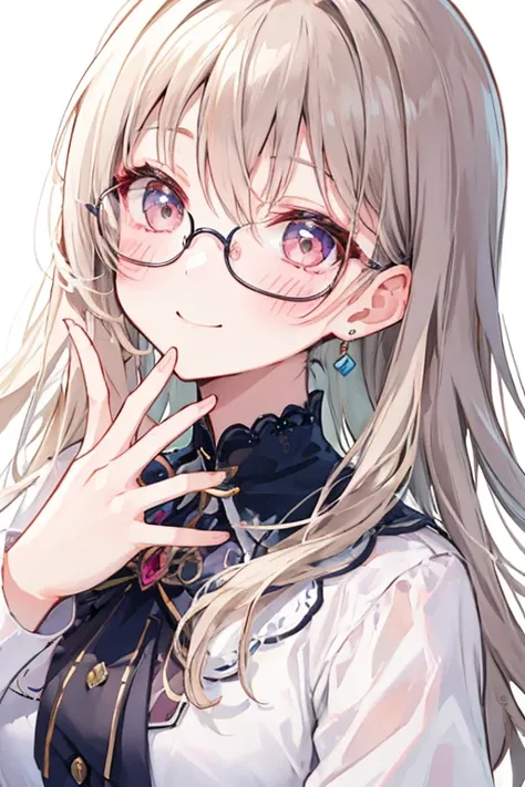 Beautiful illustrations, highest quality, Cute Woman、Clear Face、、blush、Perfect hands、(Perfect Face:1.1), beautiful girl、Glasses、Glassesを手で触る、smile、45 degree angle